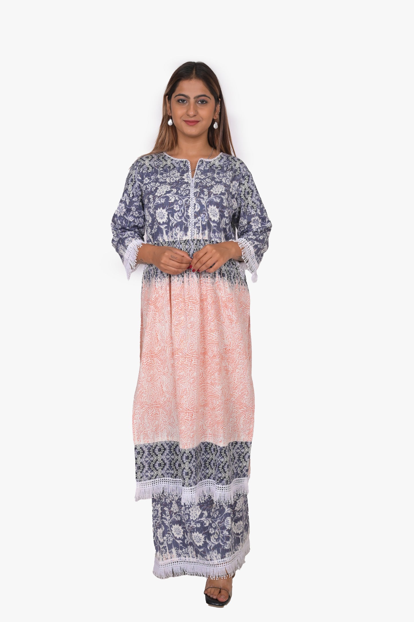 Viscose Kurta Pant Set, Floral Print, Navy Blue and Pink