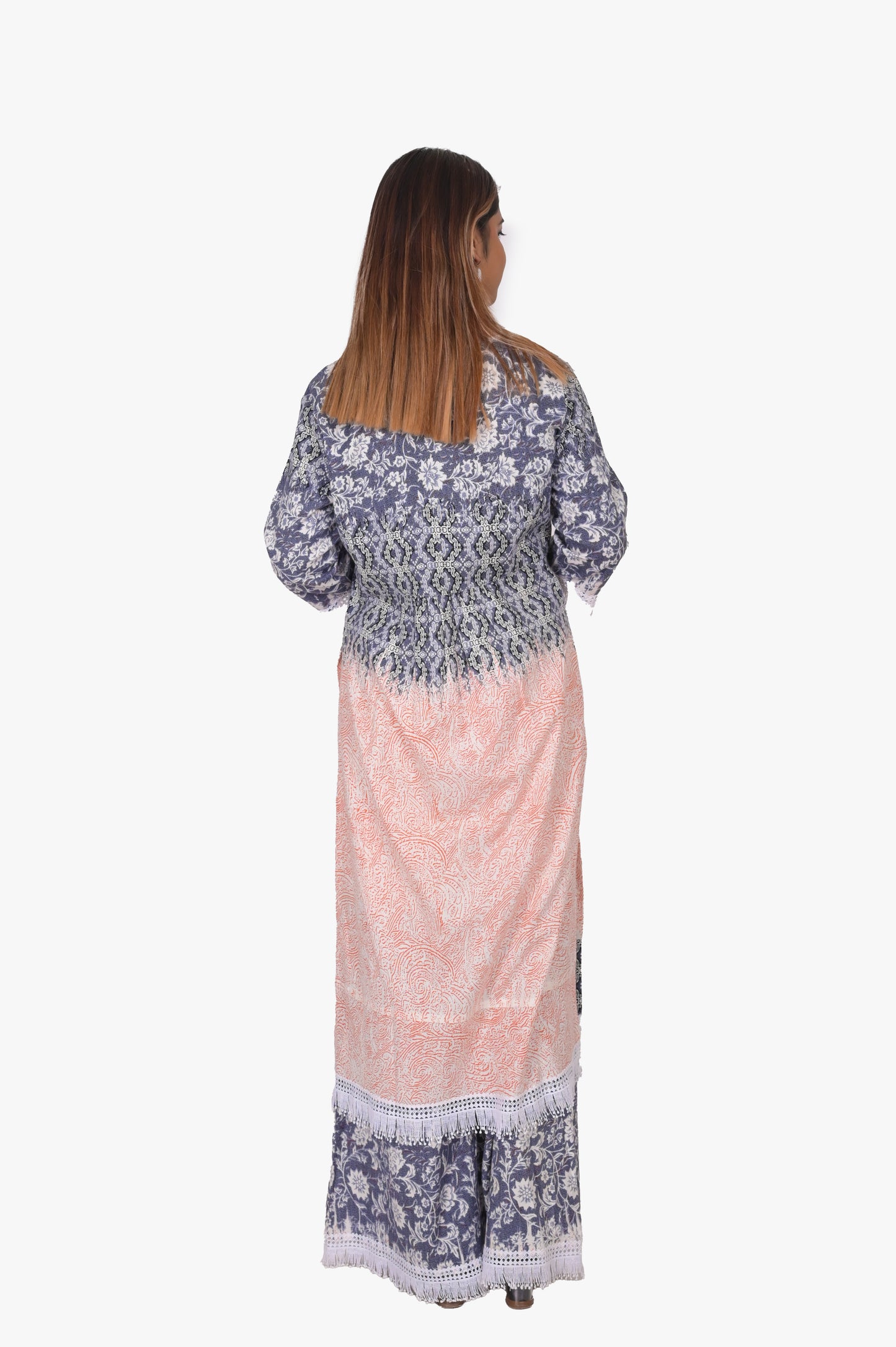 Viscose Kurta Pant Set, Floral Print, Navy Blue and Pink