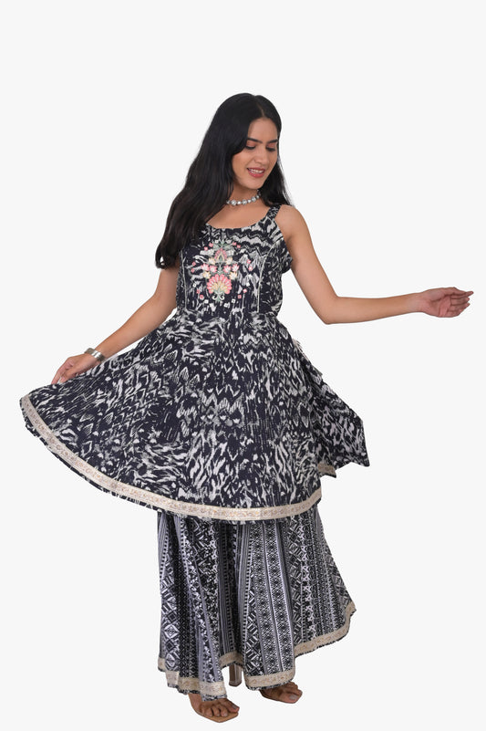 Sleeveless Printed Kurta with Sharara, Black and White