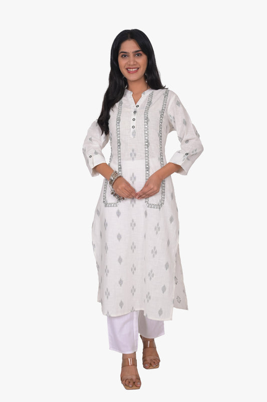 Mirror Work Kurta Pant Set, White, Staright