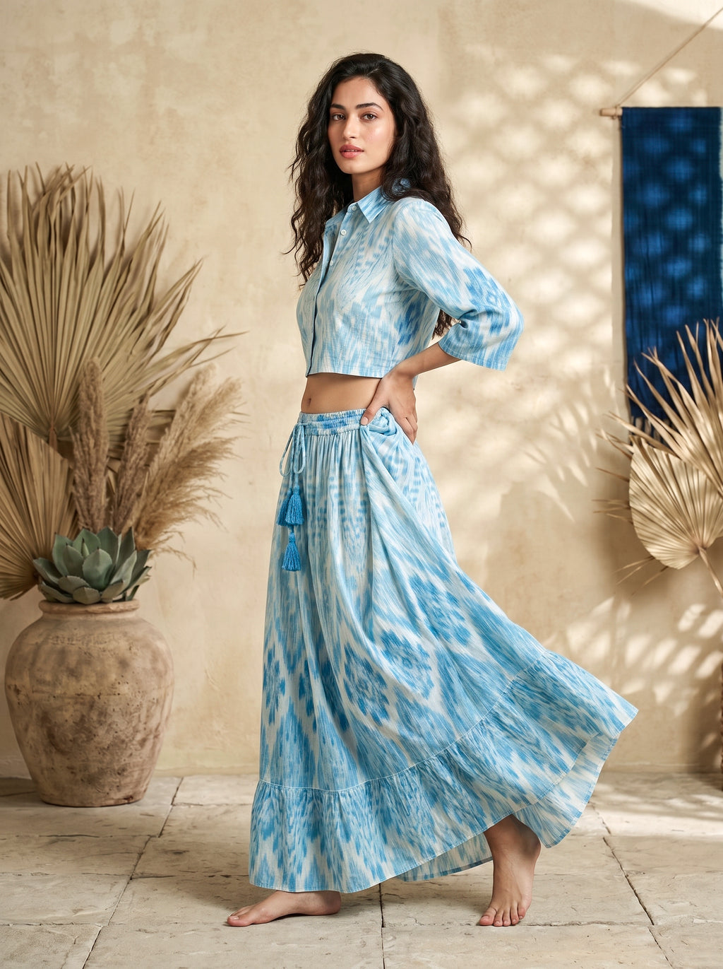 Sky Blue Ikat Print Cropped Shirt & Maxi Skirt Co-ord | Daylist.in