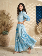 Sky Blue Ikat Print Cropped Shirt & Maxi Skirt Co-ord | Daylist.in