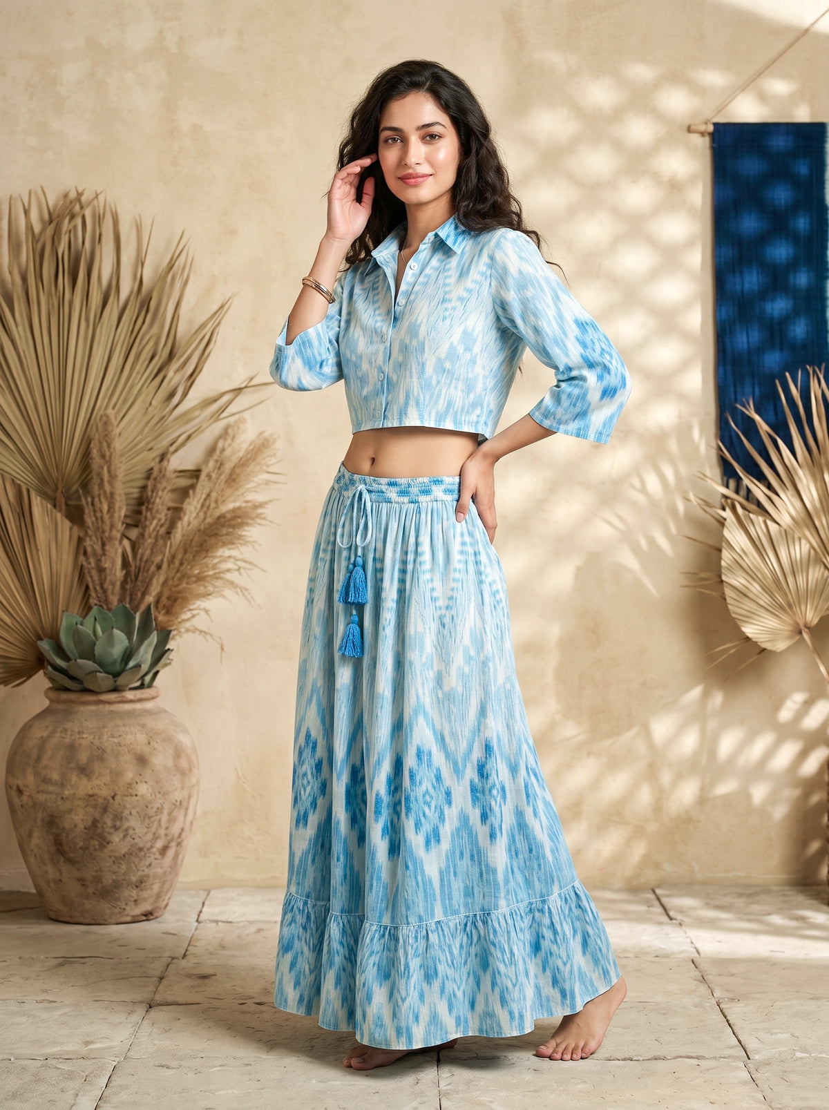 Sky Blue Ikat Print Cropped Shirt & Maxi Skirt Co-ord | Daylist.in