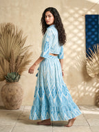 Sky Blue Ikat Print Cropped Shirt & Maxi Skirt Co-ord | Daylist.in