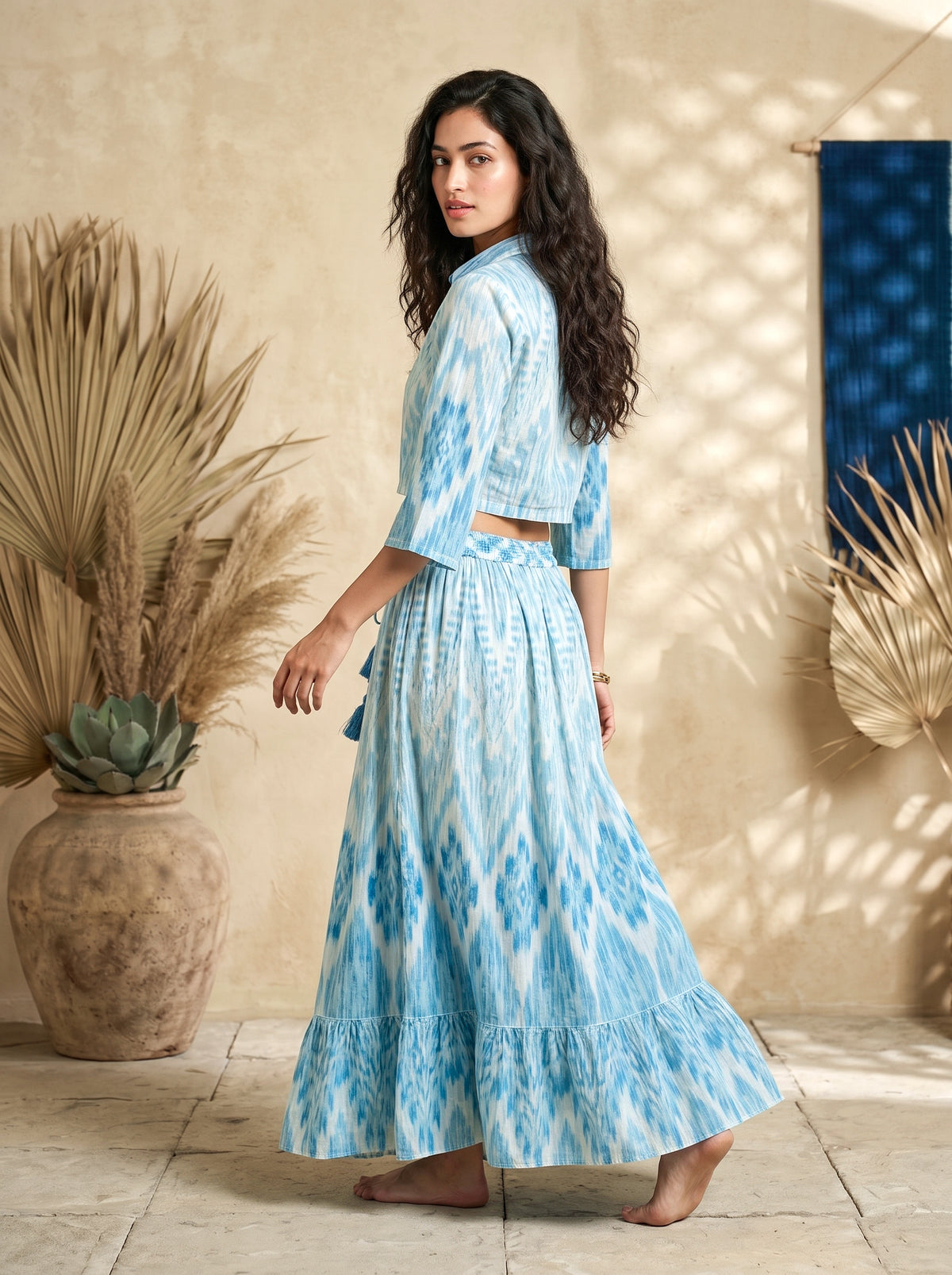 Sky Blue Ikat Print Cropped Shirt & Maxi Skirt Co-ord | Daylist.in