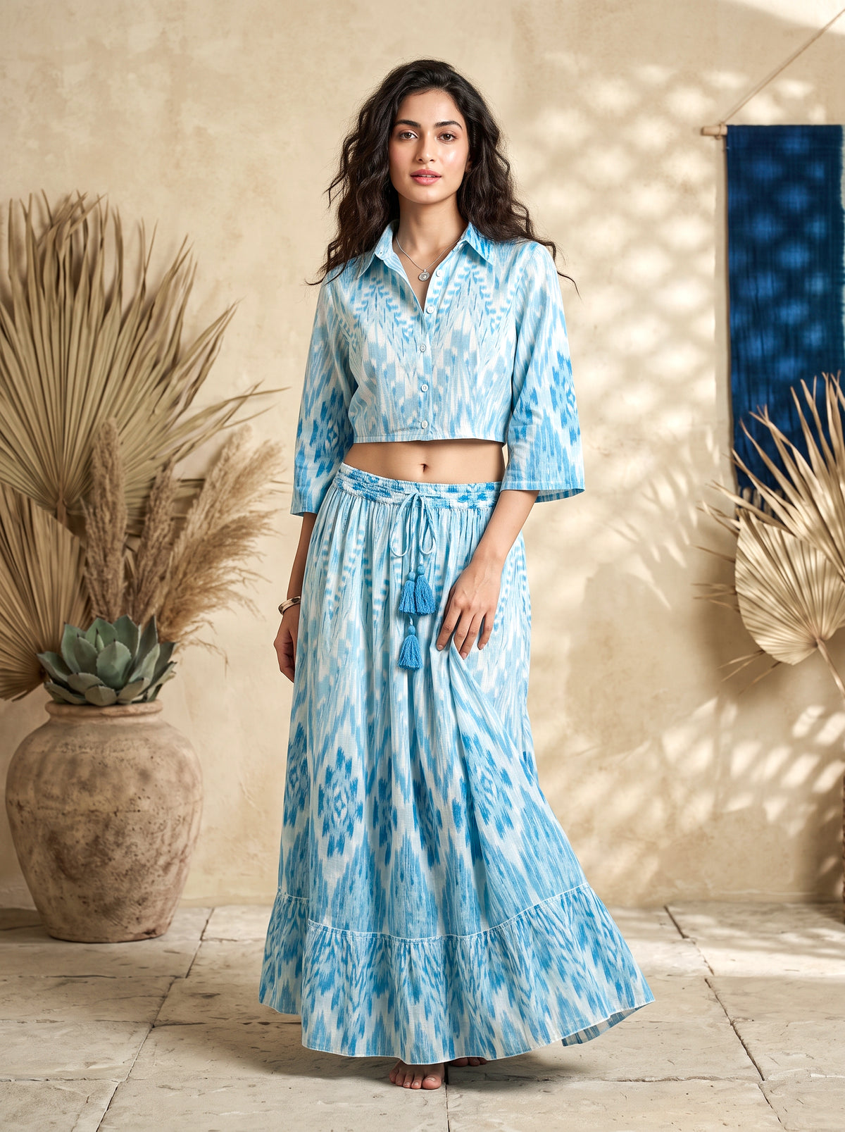 Sky Blue Ikat Print Cropped Shirt & Maxi Skirt Co-ord | Daylist.in