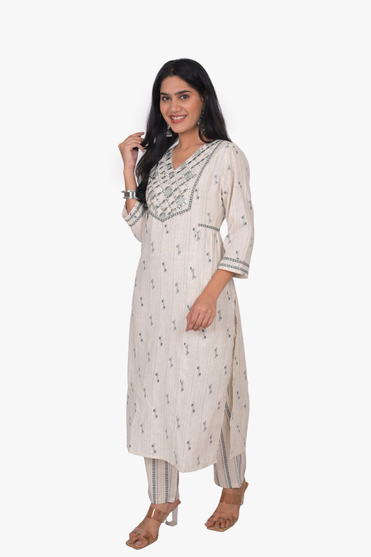 Women's Cotton Kurta Set, Embroidered, White