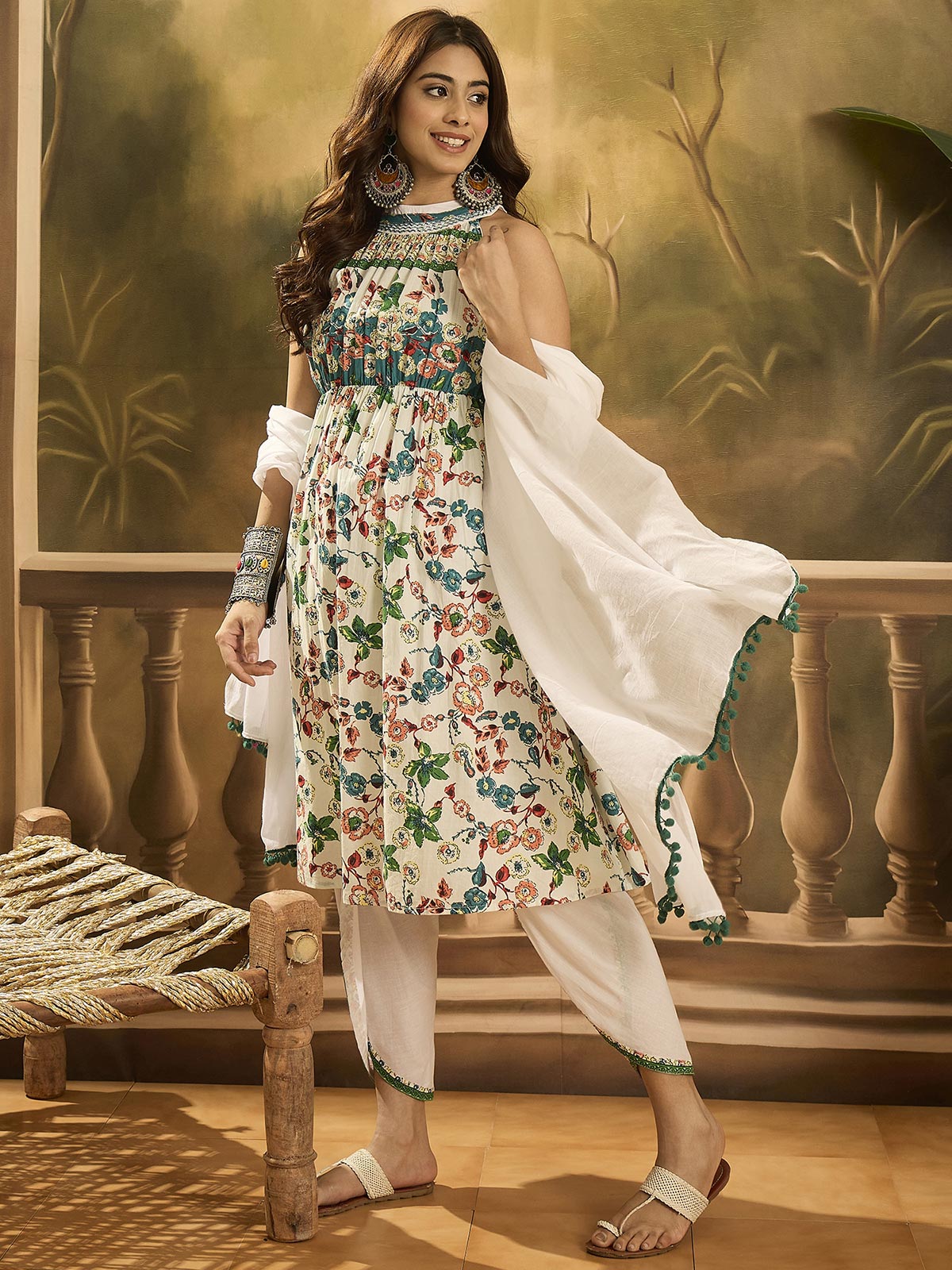 Women Floral Printed Cotton Kurta with Dhoti Pant & Dupatta