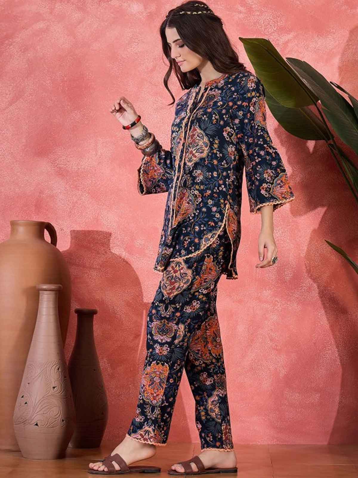 Floral Printed Mandarin Collar Pure Cotton Tunic & Trouser