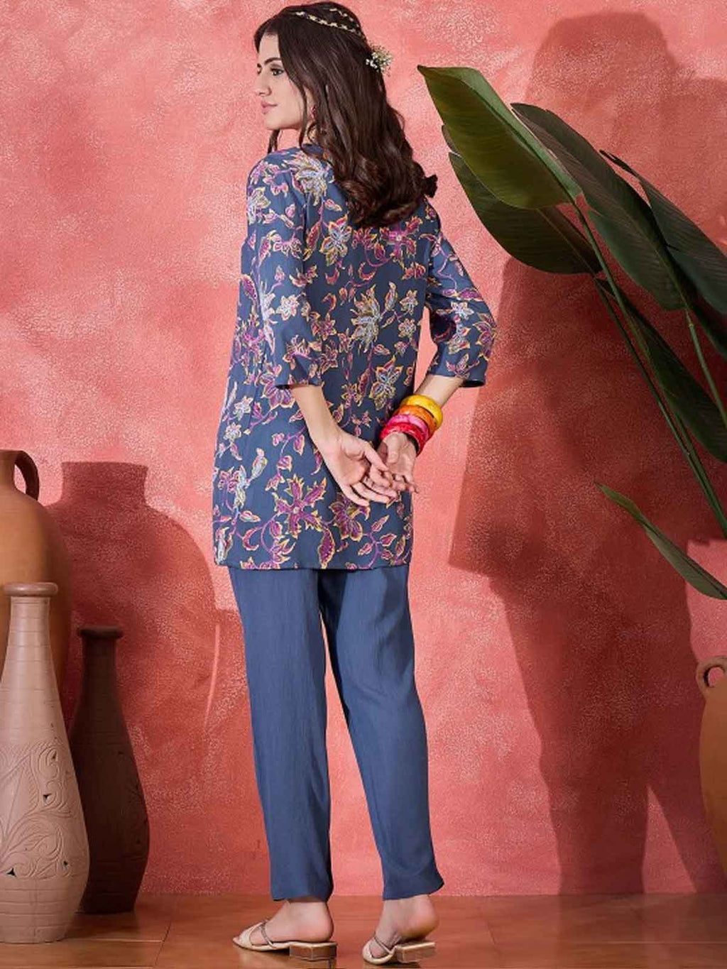 Floral Printed V-Neck Tunic & Trousers