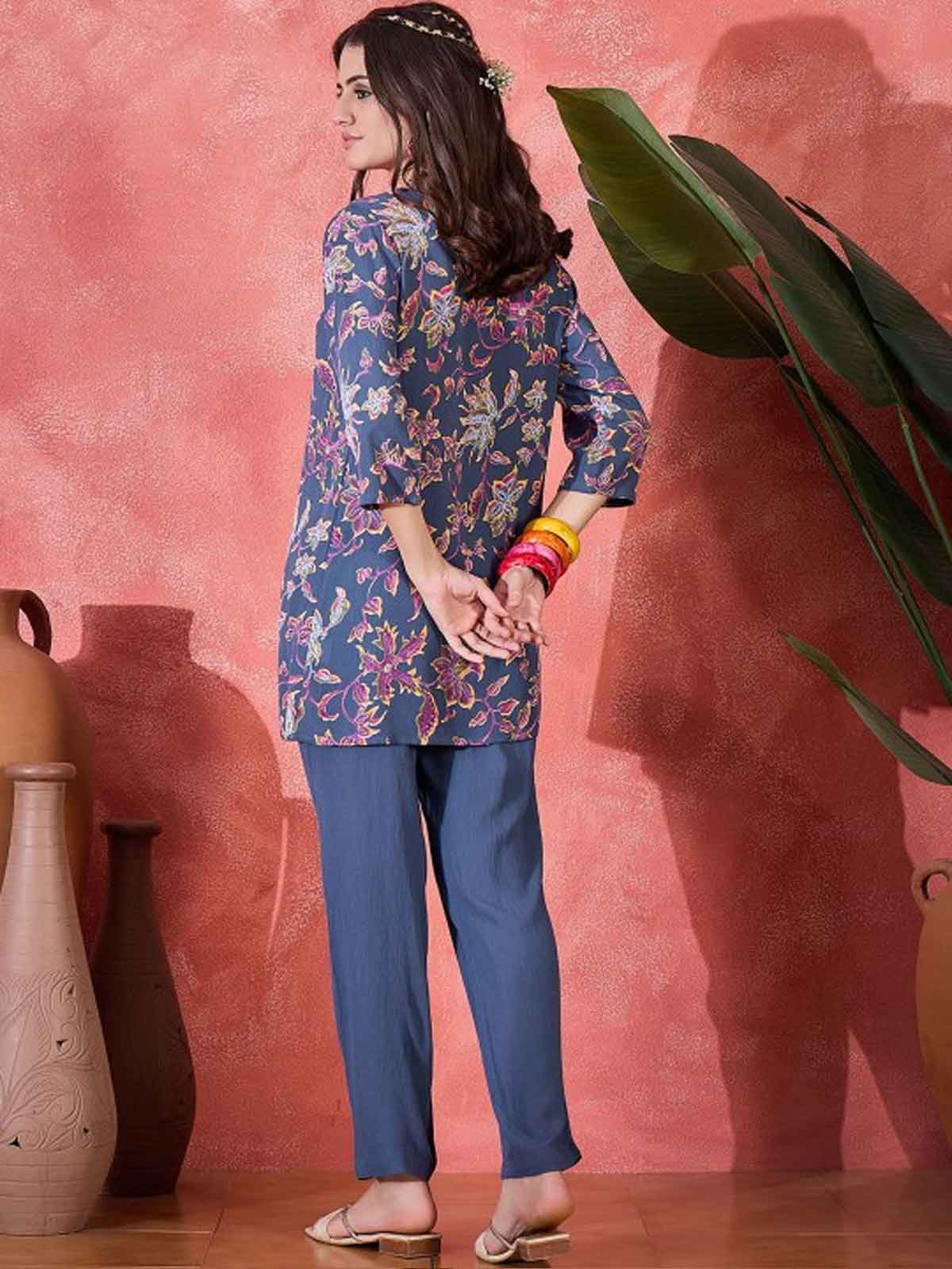 Floral Printed V-Neck Tunic & Trousers