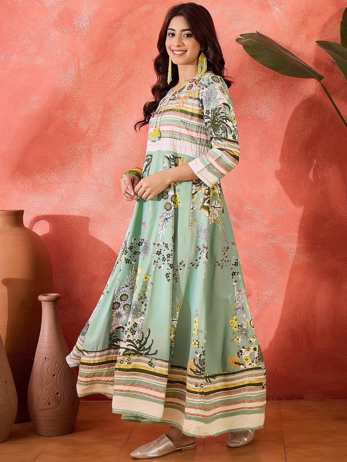 Women Printed Cotton Tie-Up Neck Maxi Dress