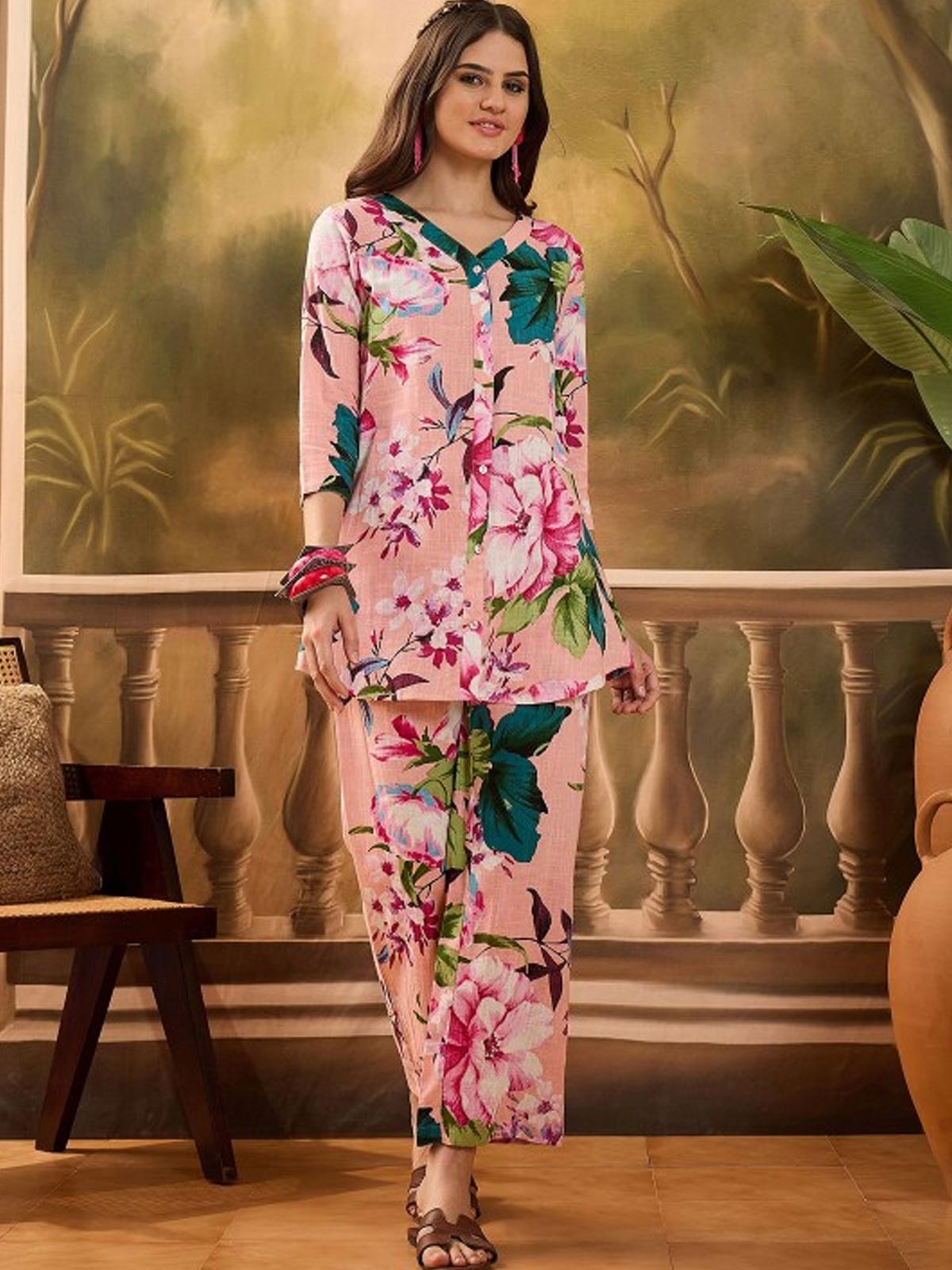 Floral Printed V Neck Pure Cotton Top & Trousers
