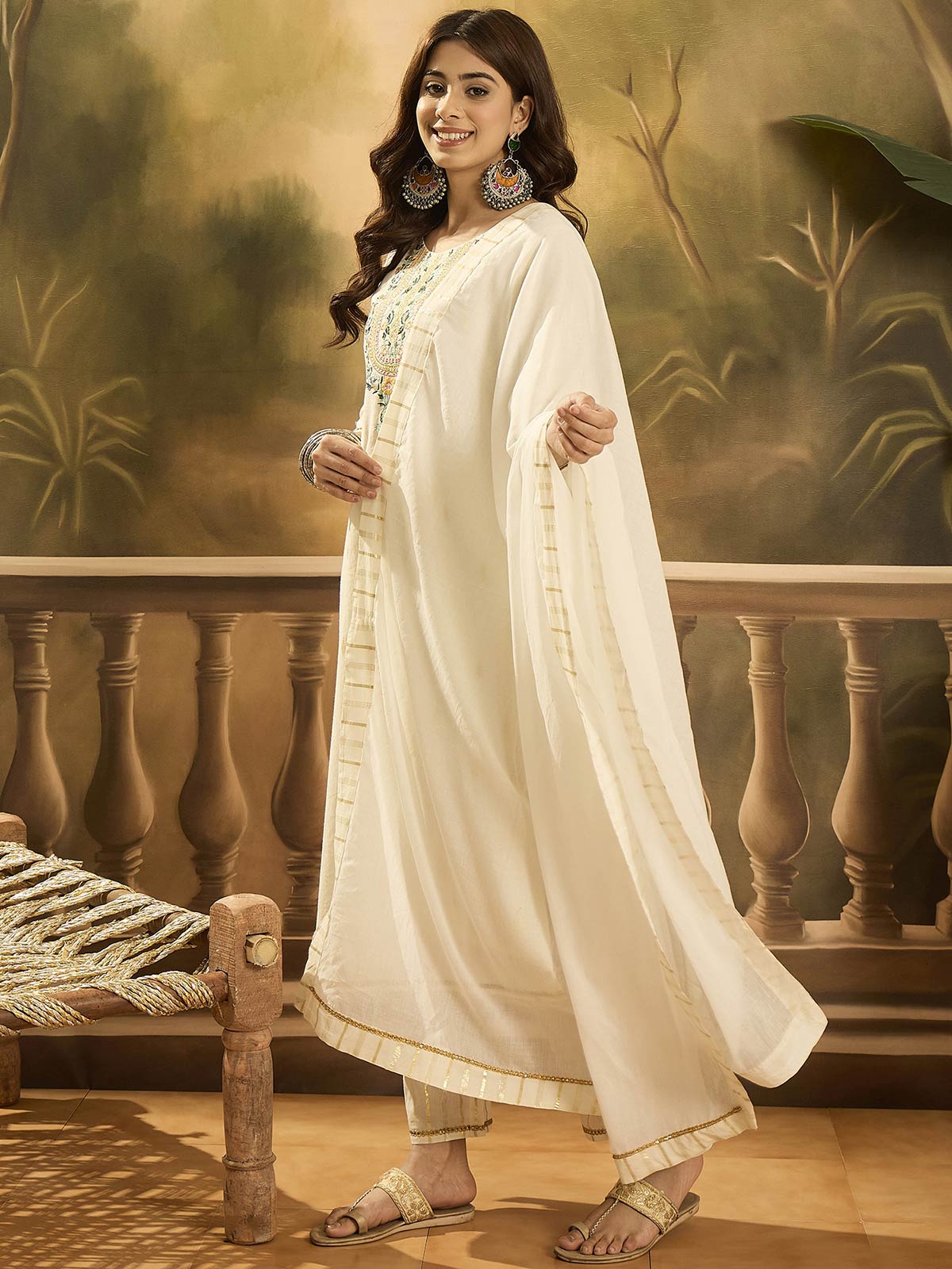 Women Solid Embroidered Cotton Kurta with Trousers & Dupatta