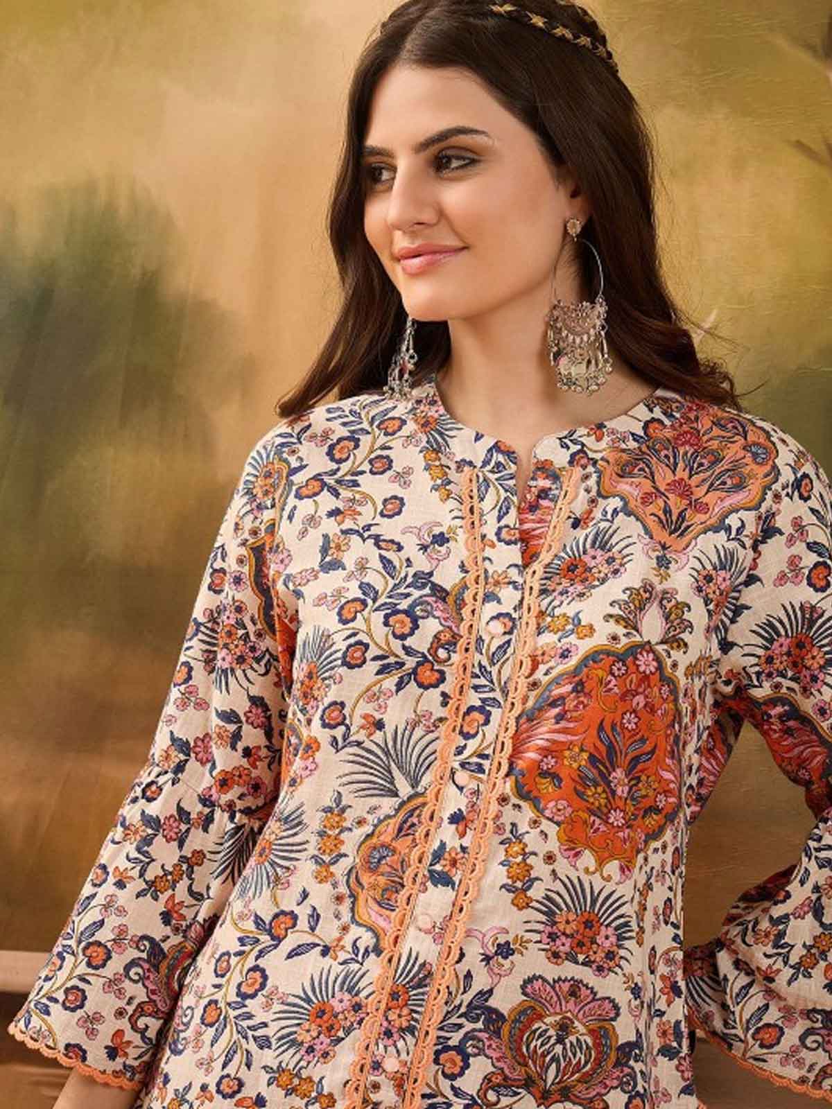 Floral Printed Mandarin Collar Pure Cotton Tunic & Trouser