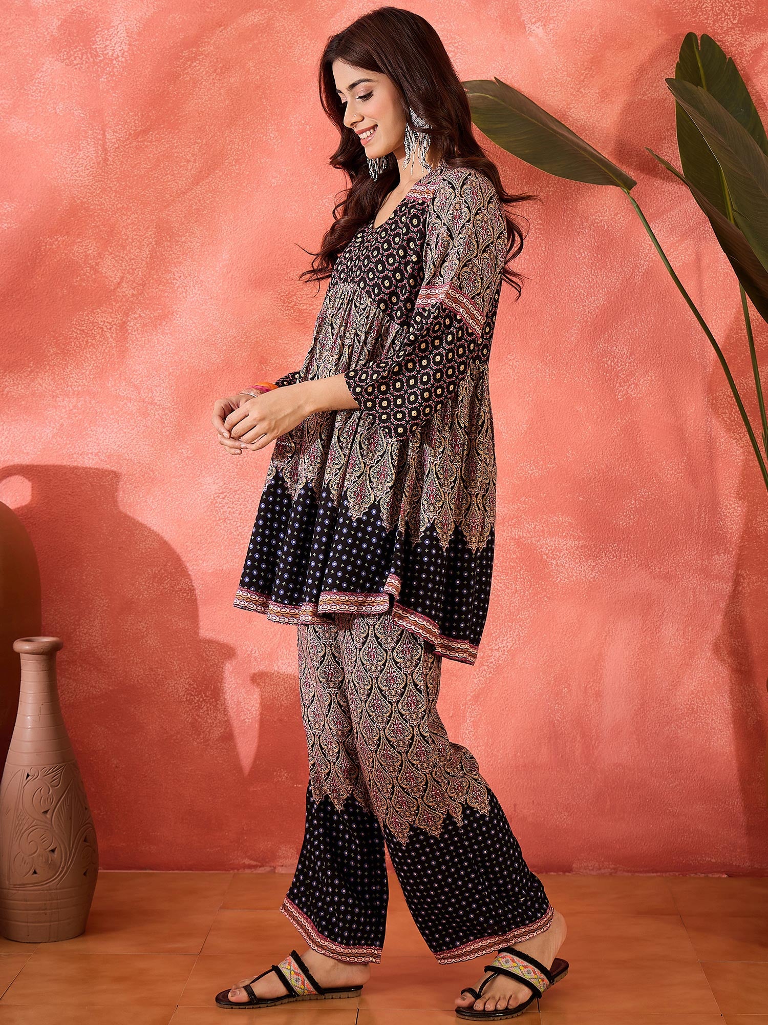 Printed V-Neck Top With Trouser Co-Ords