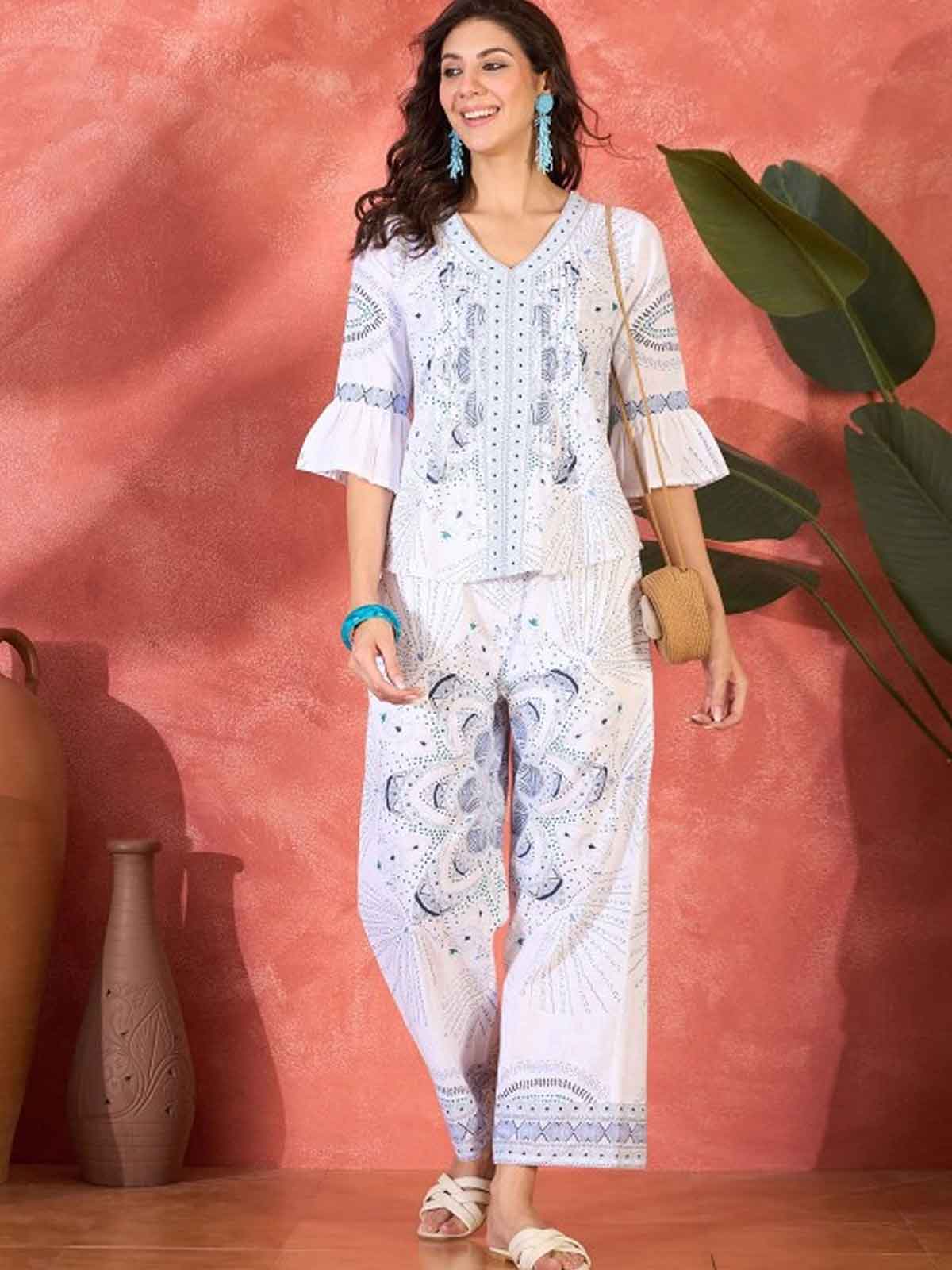Printed V-Neck Pure Cotton Tunic & Trouser