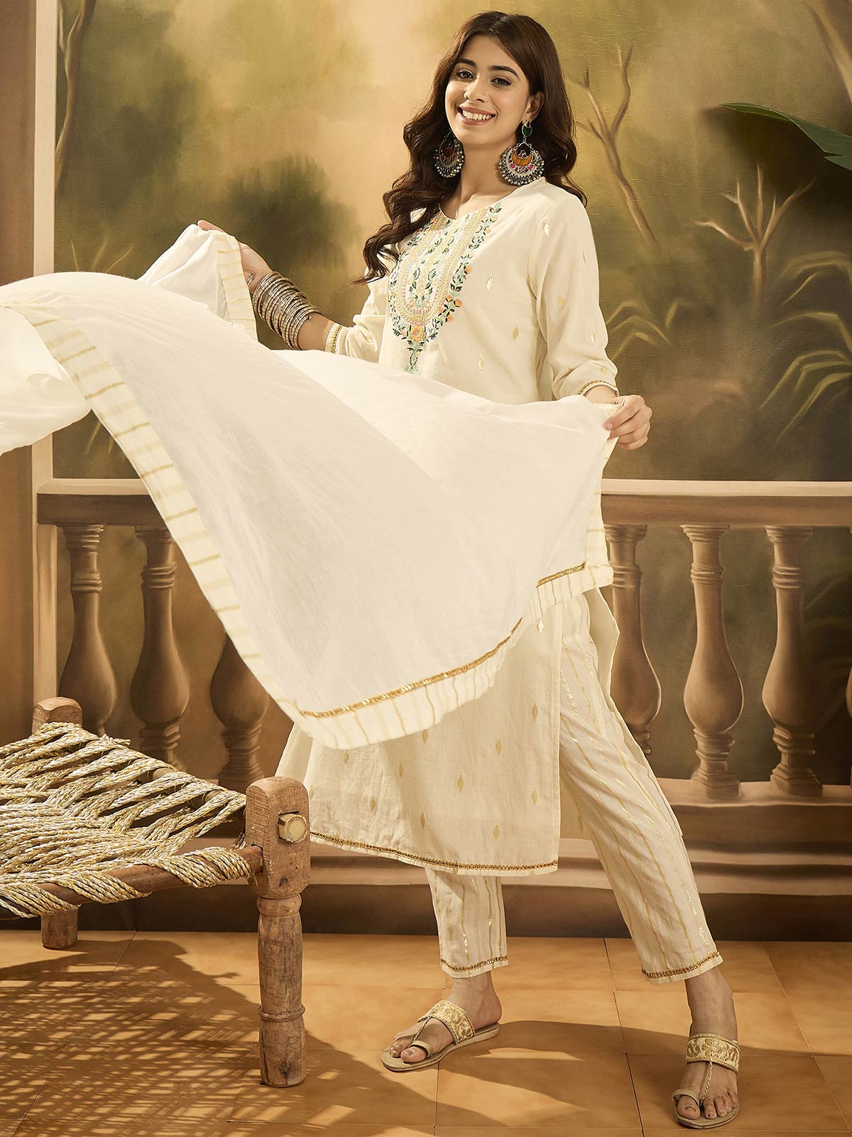 Women Solid Embroidered Cotton Kurta with Trousers & Dupatta