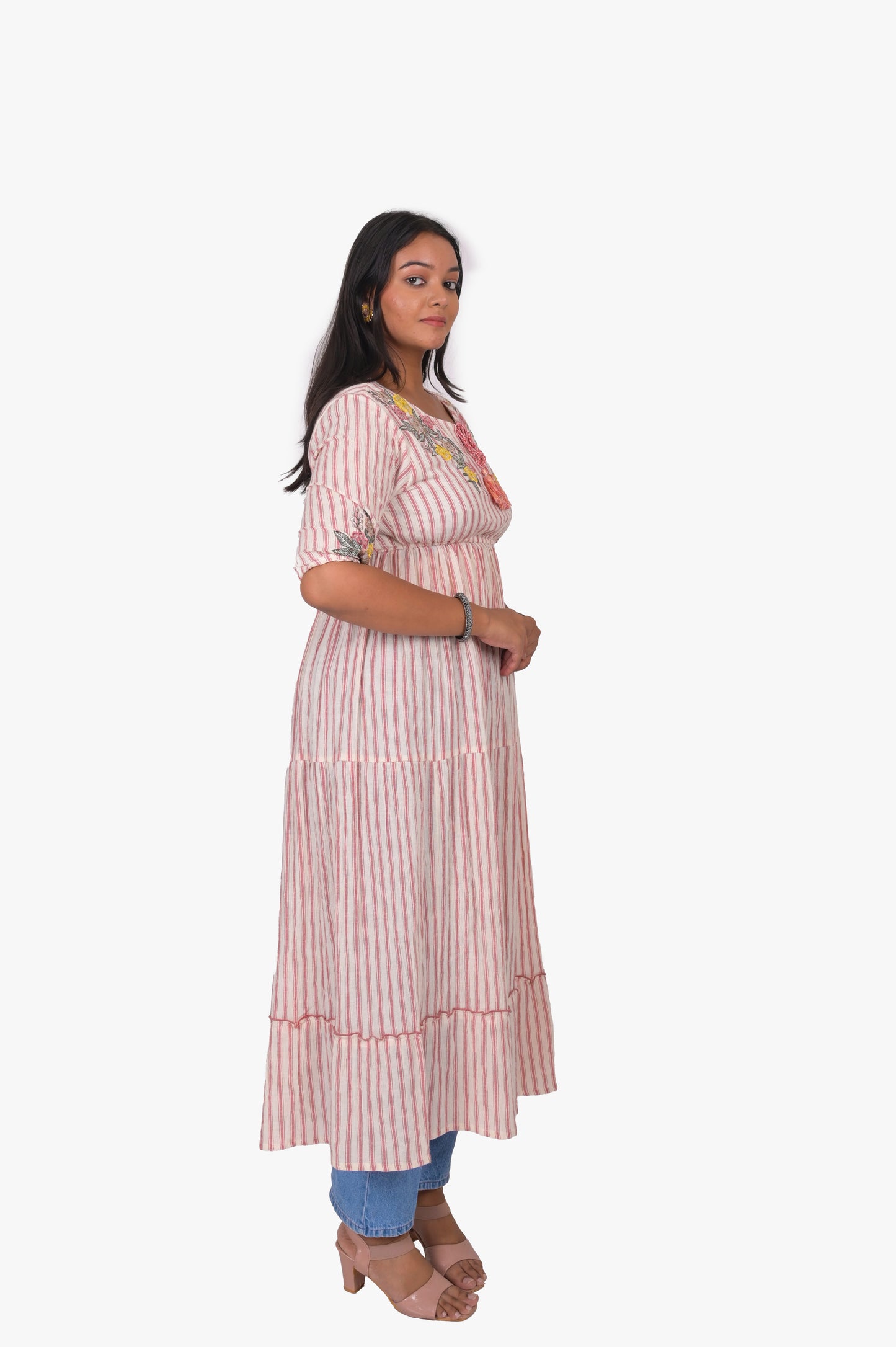 Floral Printed Striped Anarkali Kurti, 3/4 Sleeves, Pink and White