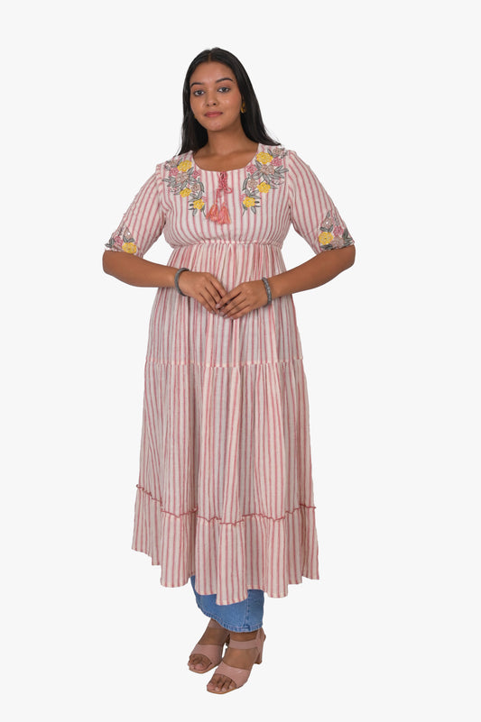 Floral Printed Striped Anarkali Kurti, 3/4 Sleeves, Pink and White