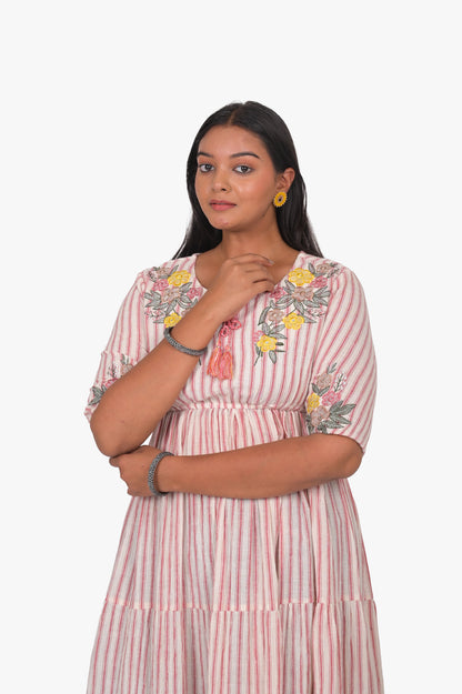 Floral Printed Striped Anarkali Kurti, 3/4 Sleeves, Pink and White