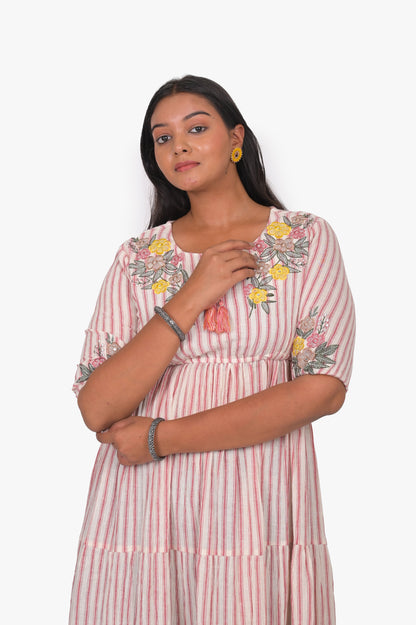 Floral Printed Striped Anarkali Kurti, 3/4 Sleeves, Pink and White