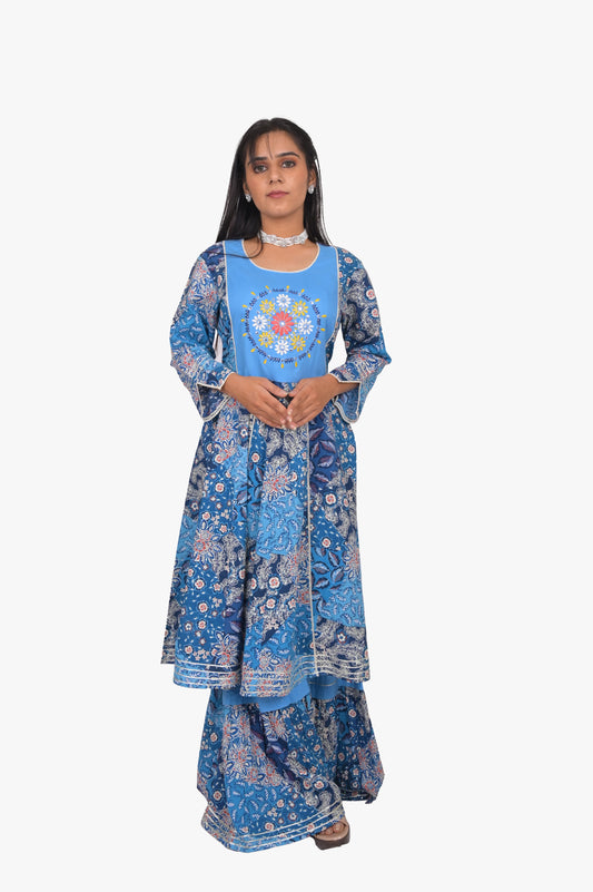 Royal Blue Floral Print Kurti & Sharara Set