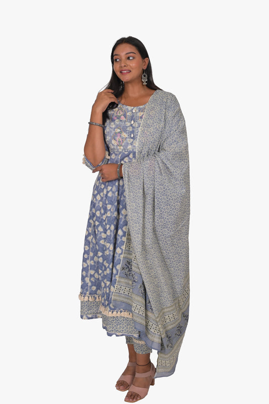 Women's Floral Print Kurta Set with Dupatta, Grey & Blue