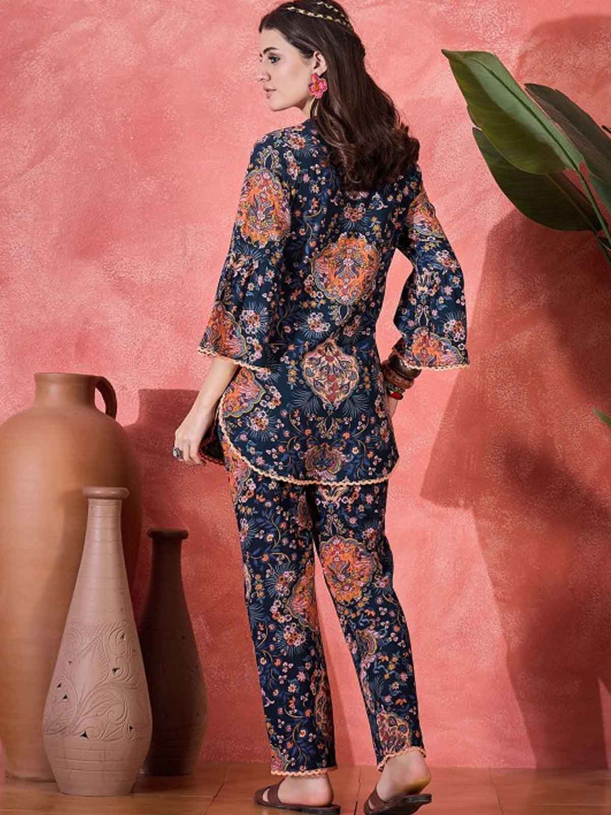 Floral Printed Mandarin Collar Pure Cotton Tunic & Trouser