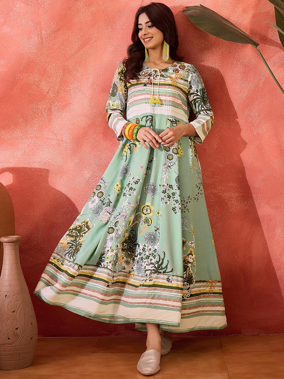 Women Printed Cotton Tie-Up Neck Maxi Dress