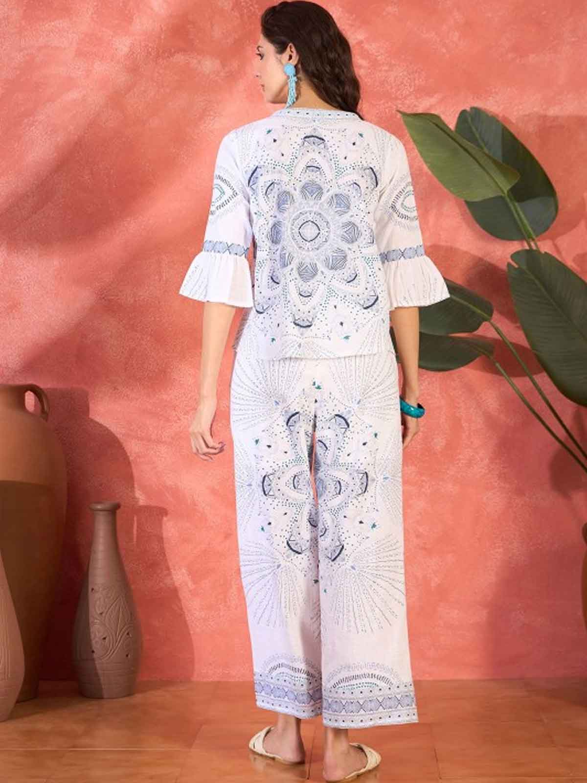 Printed V-Neck Pure Cotton Tunic & Trouser