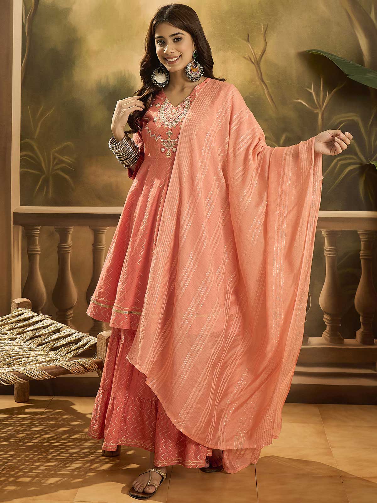 Women Ethnic Motifs Embroidered Cotton Kurta with Sharara & Dupatta