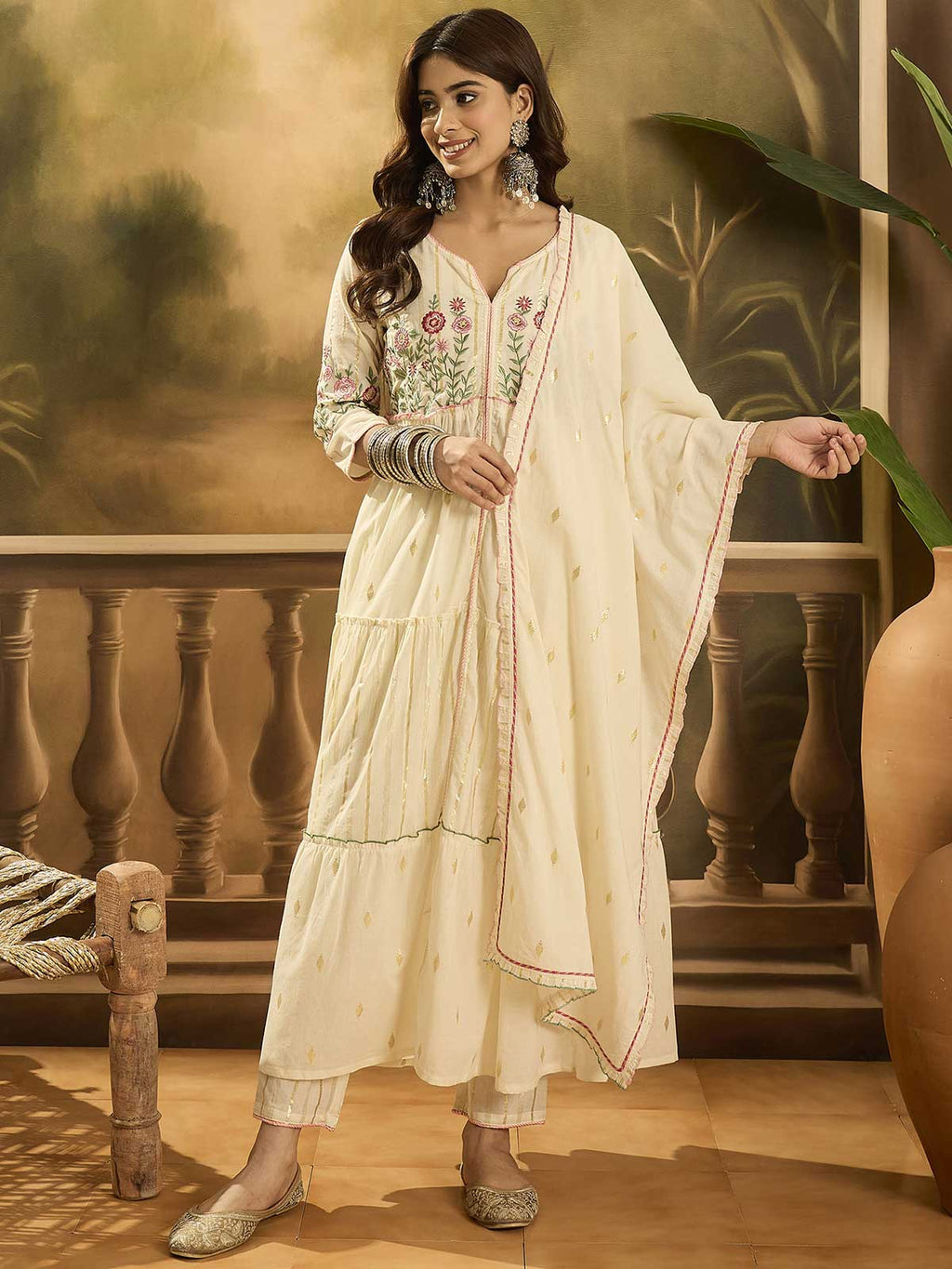 Women Floral Embroidered Cotton Kurta with Trousers & Dupatta