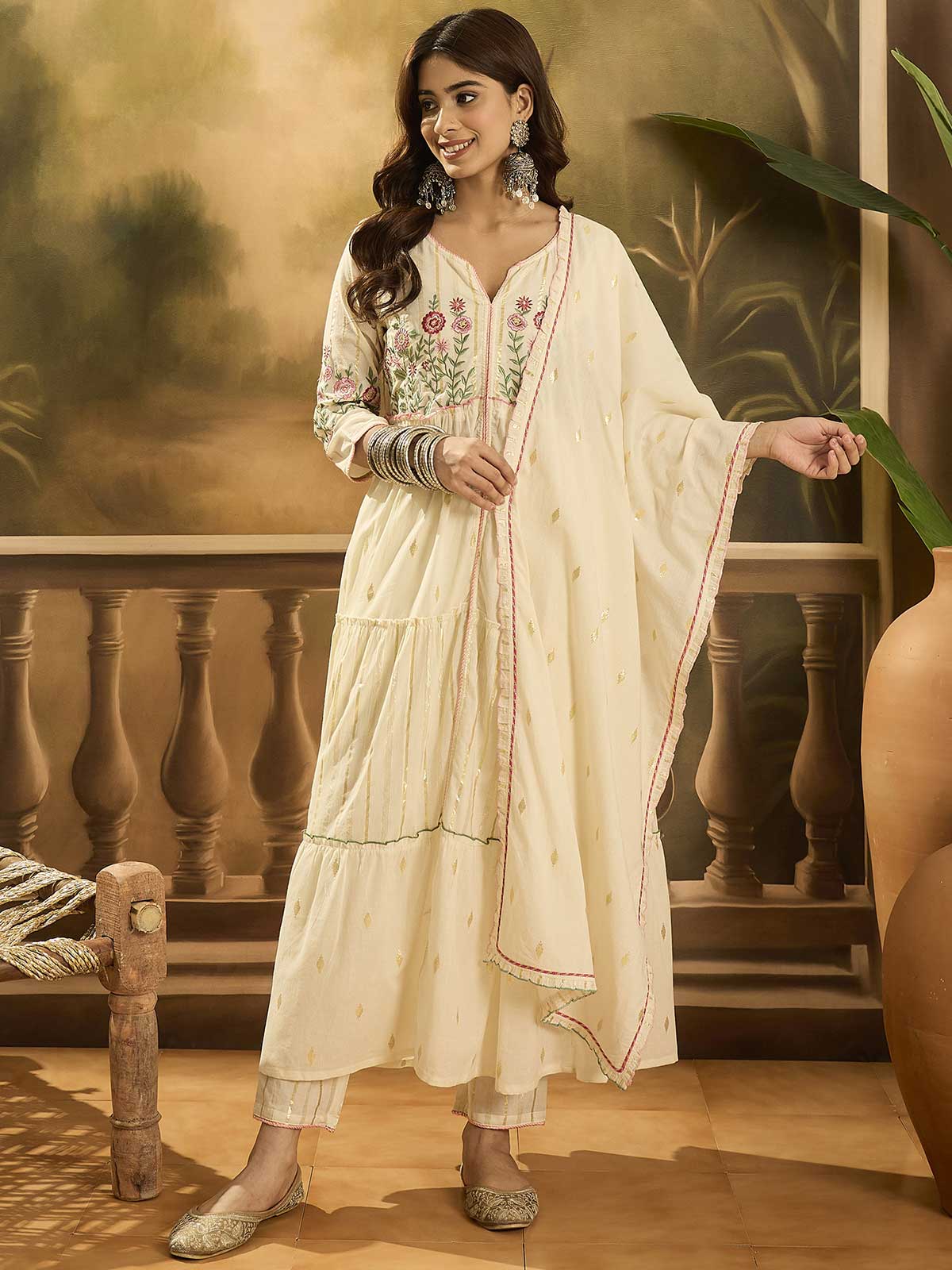 Women Floral Embroidered Cotton Kurta with Trousers & Dupatta