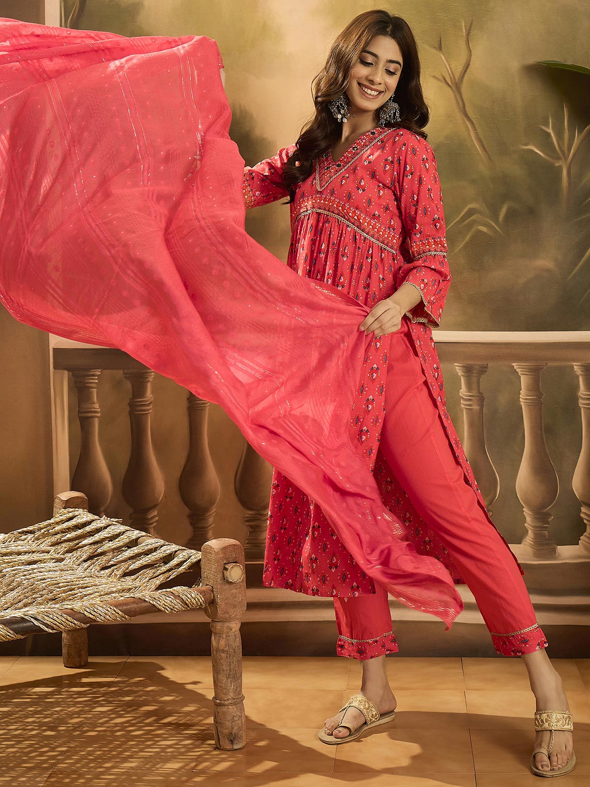 Women Ethnic Motifs Printed Cotton Kurta with Trousers & Dupatta