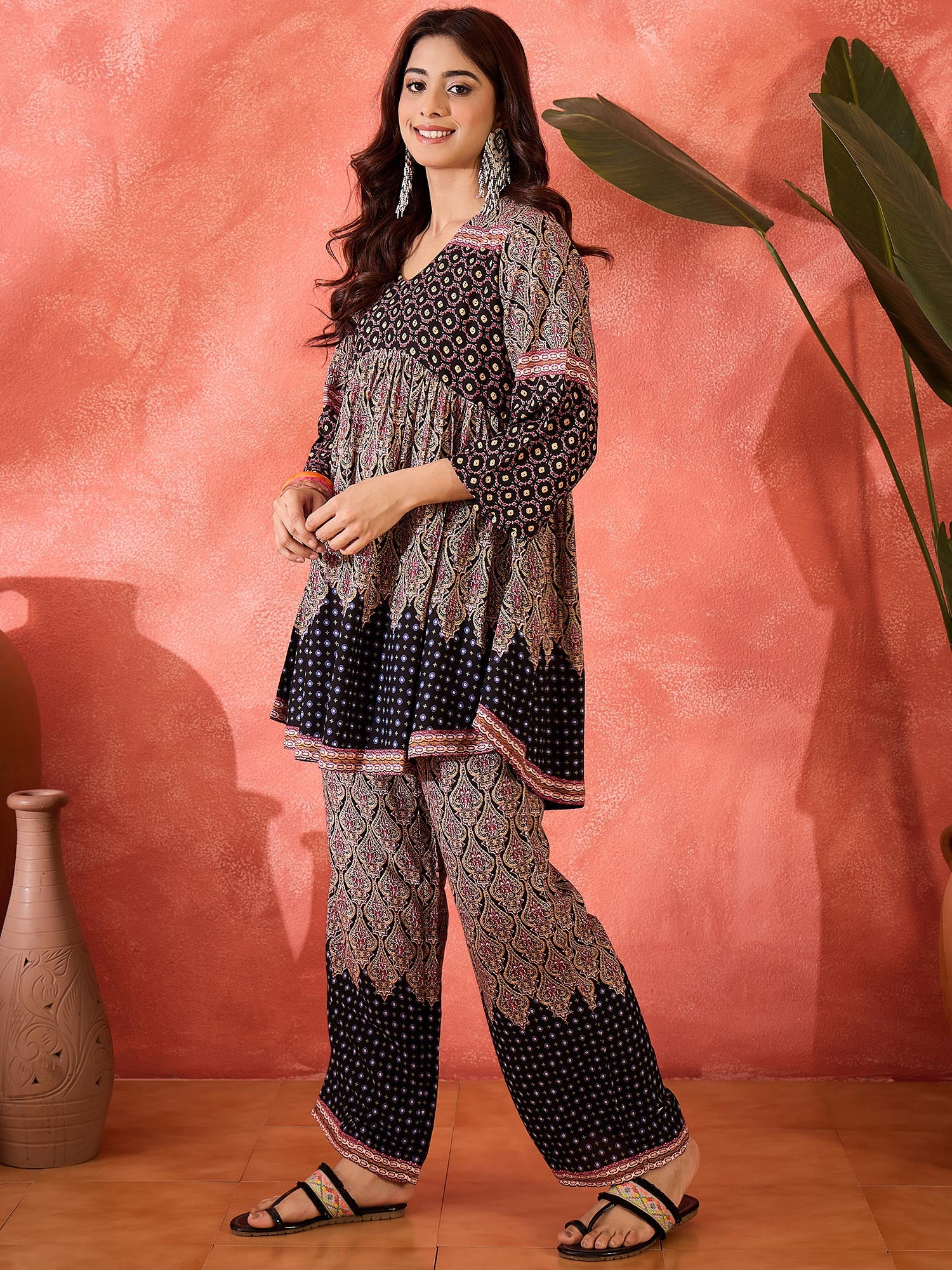 Printed V-Neck Top With Trouser Co-Ords