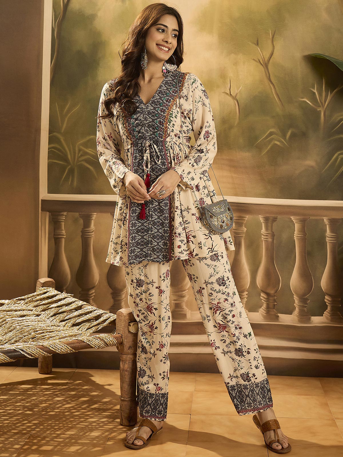 Floral Printed V-Neck Tunic & Trousers Co-Ord Set