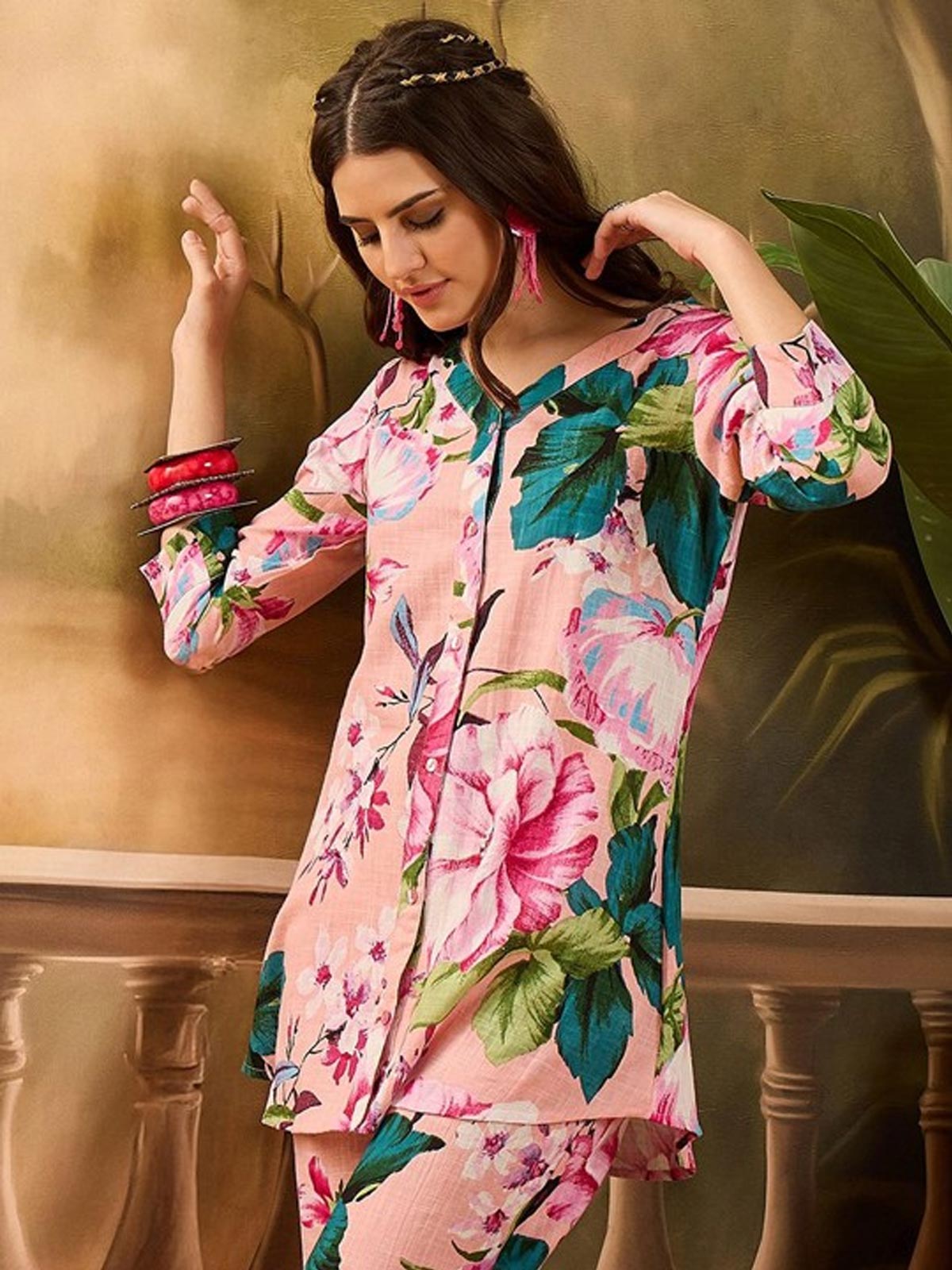 Floral Printed V Neck Pure Cotton Top & Trousers