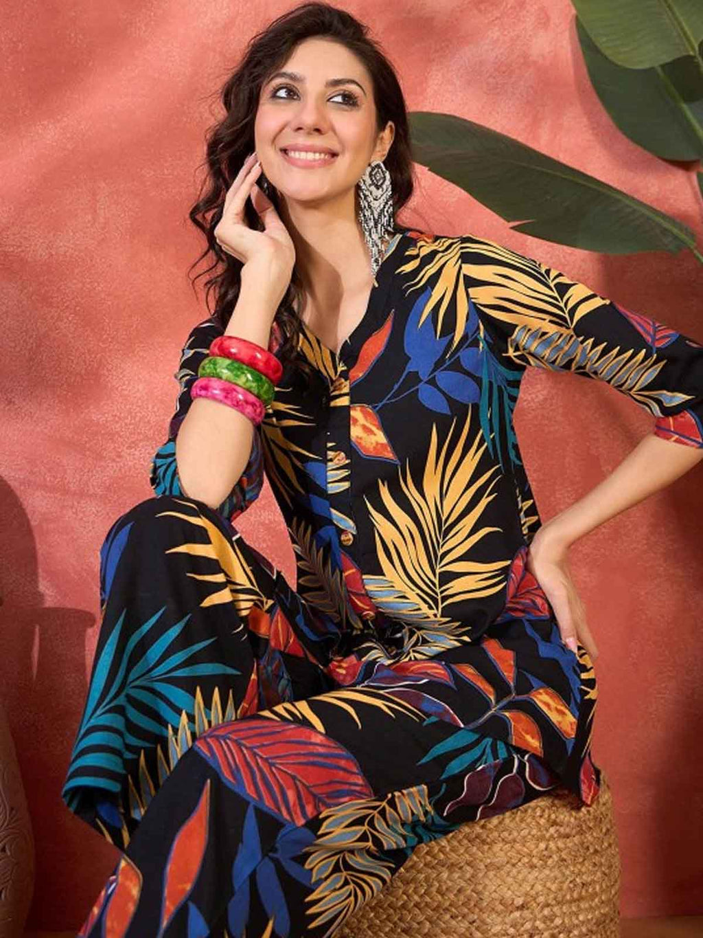 Floral Printed V-Neck Tunic & Trouser