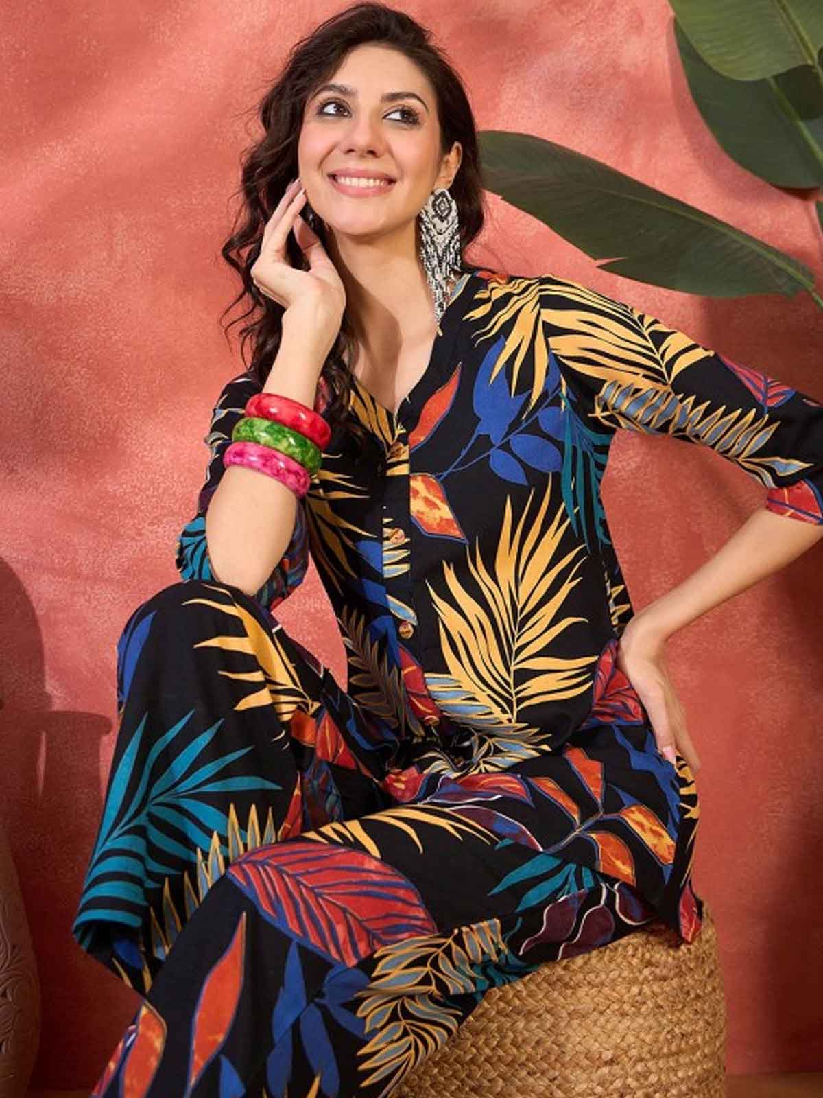 Floral Printed V-Neck Tunic & Trouser