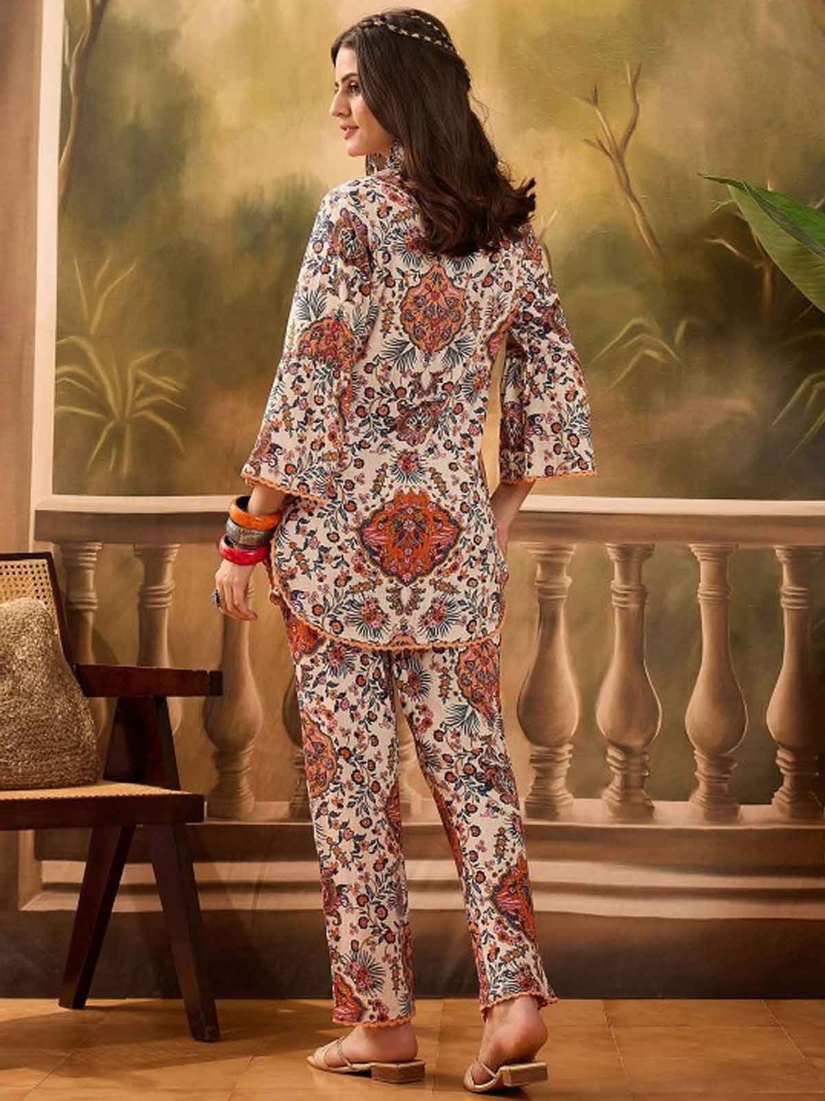 Floral Printed Mandarin Collar Pure Cotton Tunic & Trouser