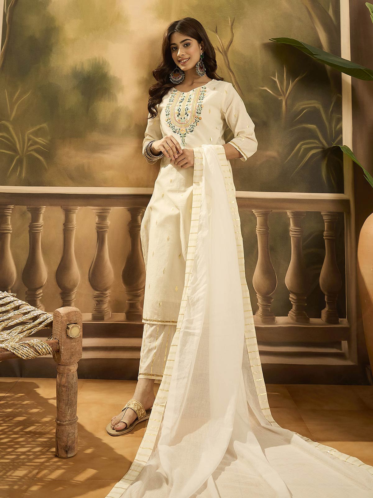 Women Solid Embroidered Cotton Kurta with Trousers & Dupatta