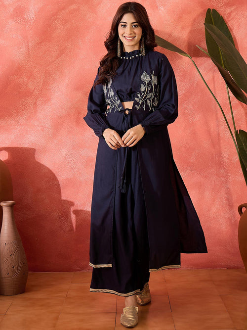 Embroidered Shrug Crop Top With Trousers Co-Ords