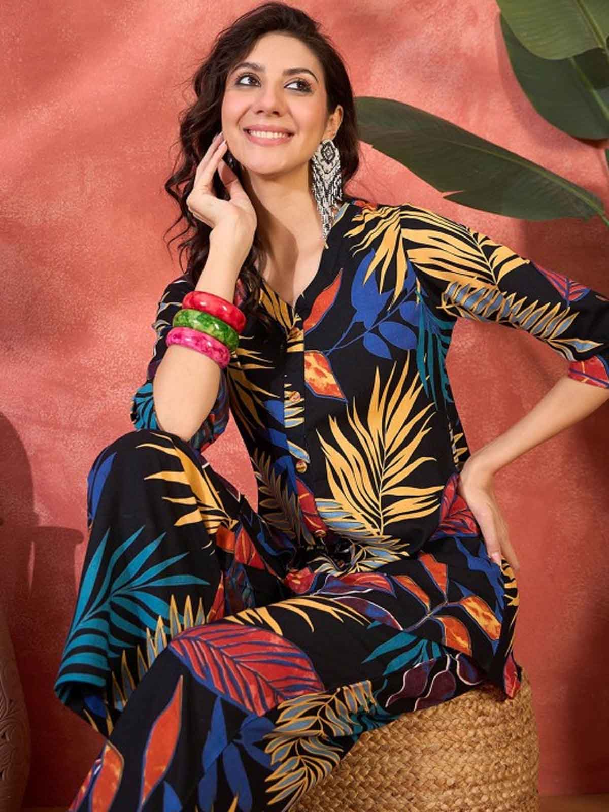 Floral Printed V-Neck Tunic & Trouser