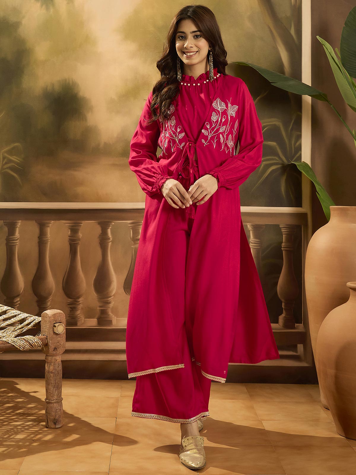 Embroidered Shrug Crop Top With Palazzos Co-Ords