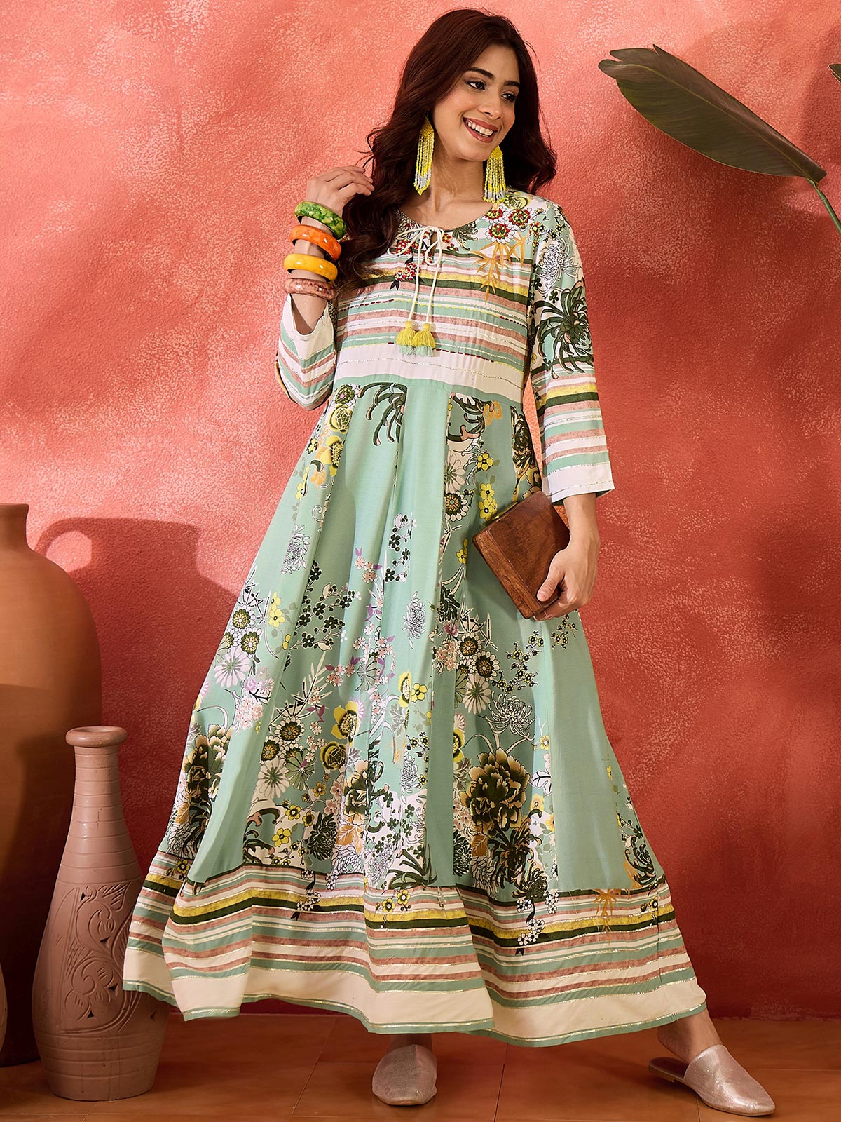 Women Printed Cotton Tie-Up Neck Maxi Dress