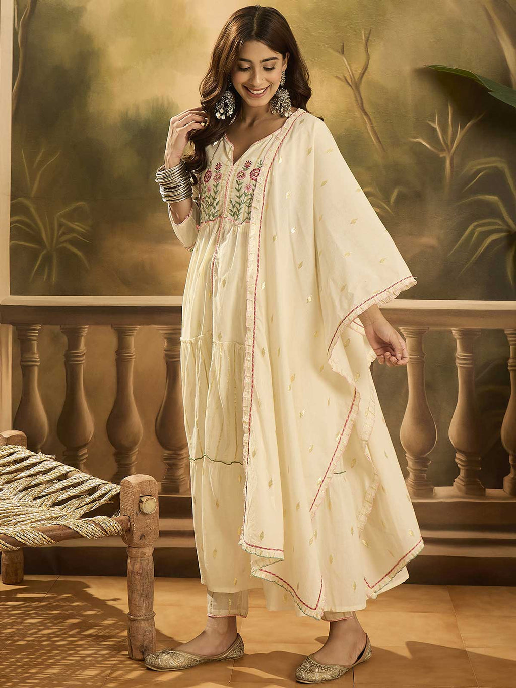 Women Floral Embroidered Cotton Kurta with Trousers & Dupatta