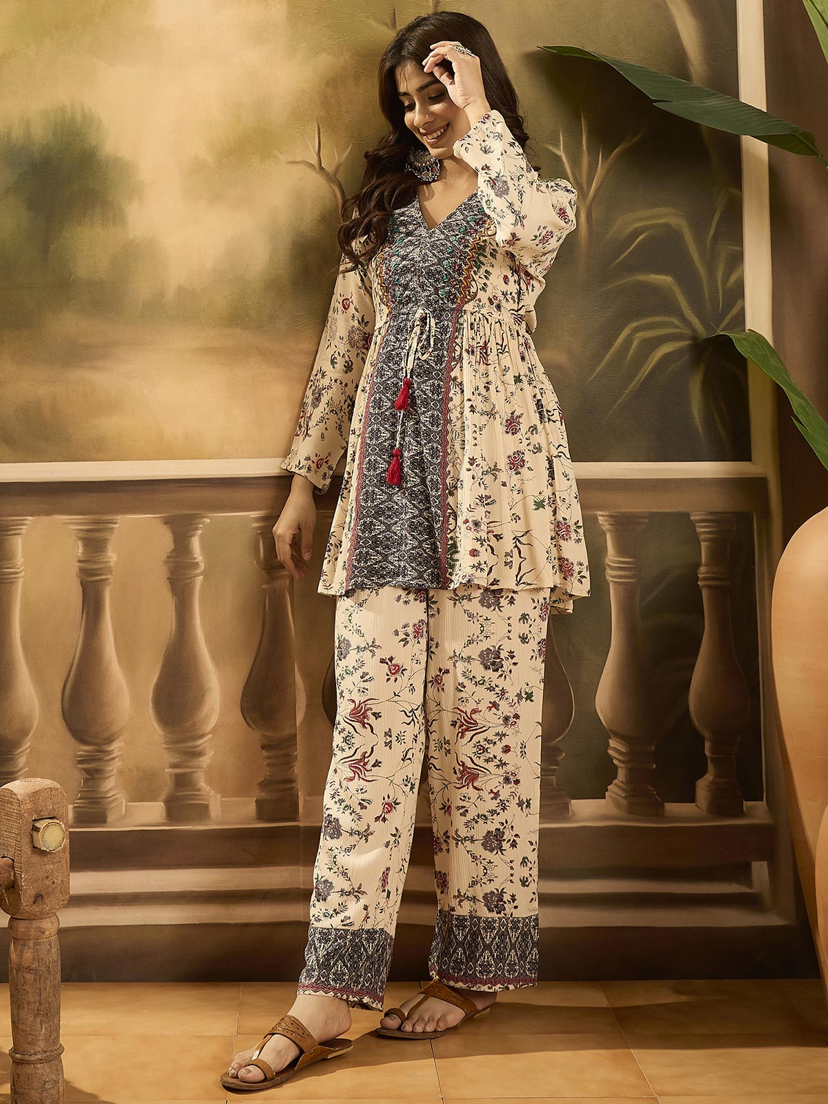 Floral Printed V-Neck Tunic & Trousers Co-Ord Set