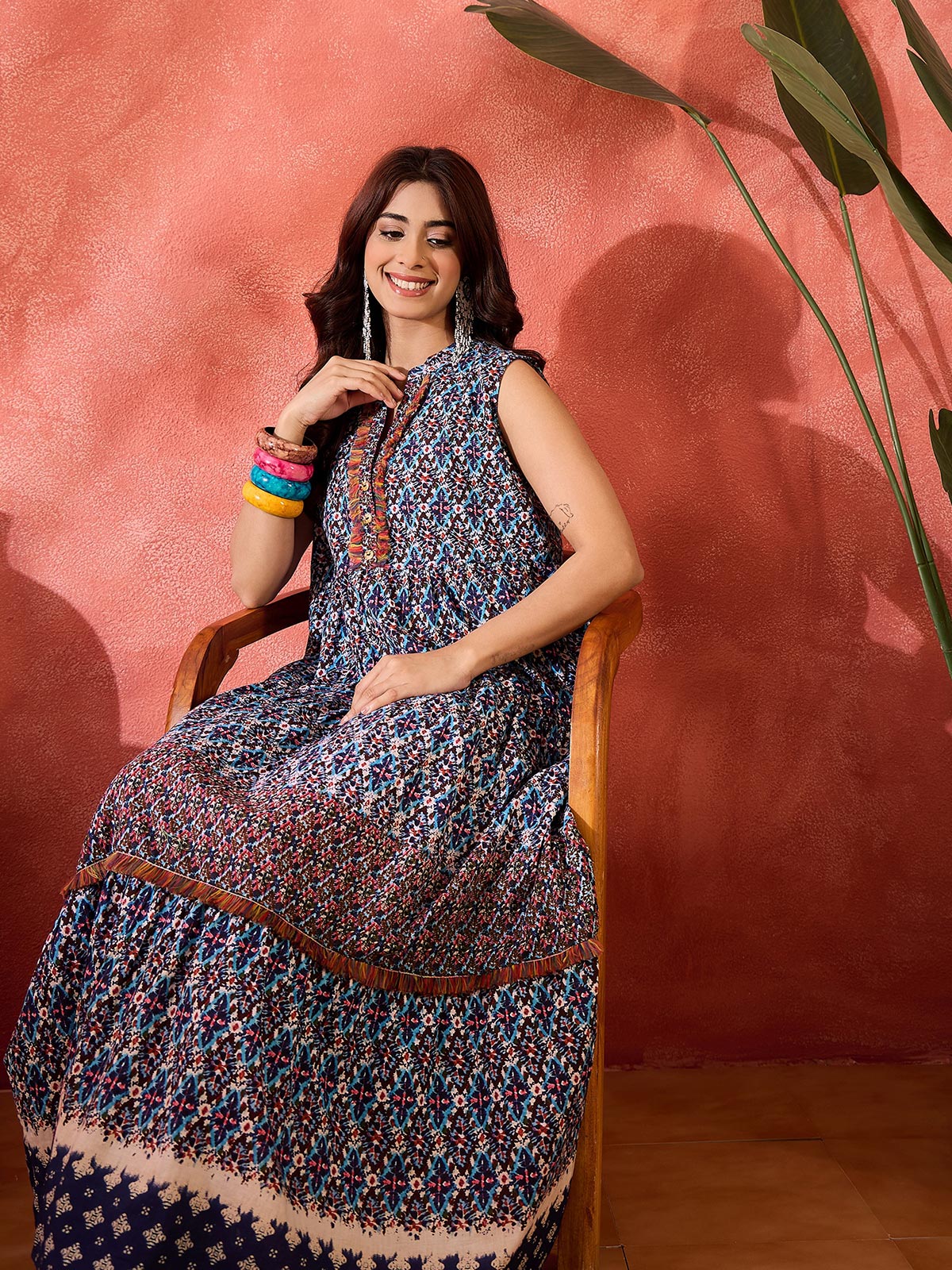 Women Tropical Printed Lace Inserts Cotton Fit and Flare Maxi Dress