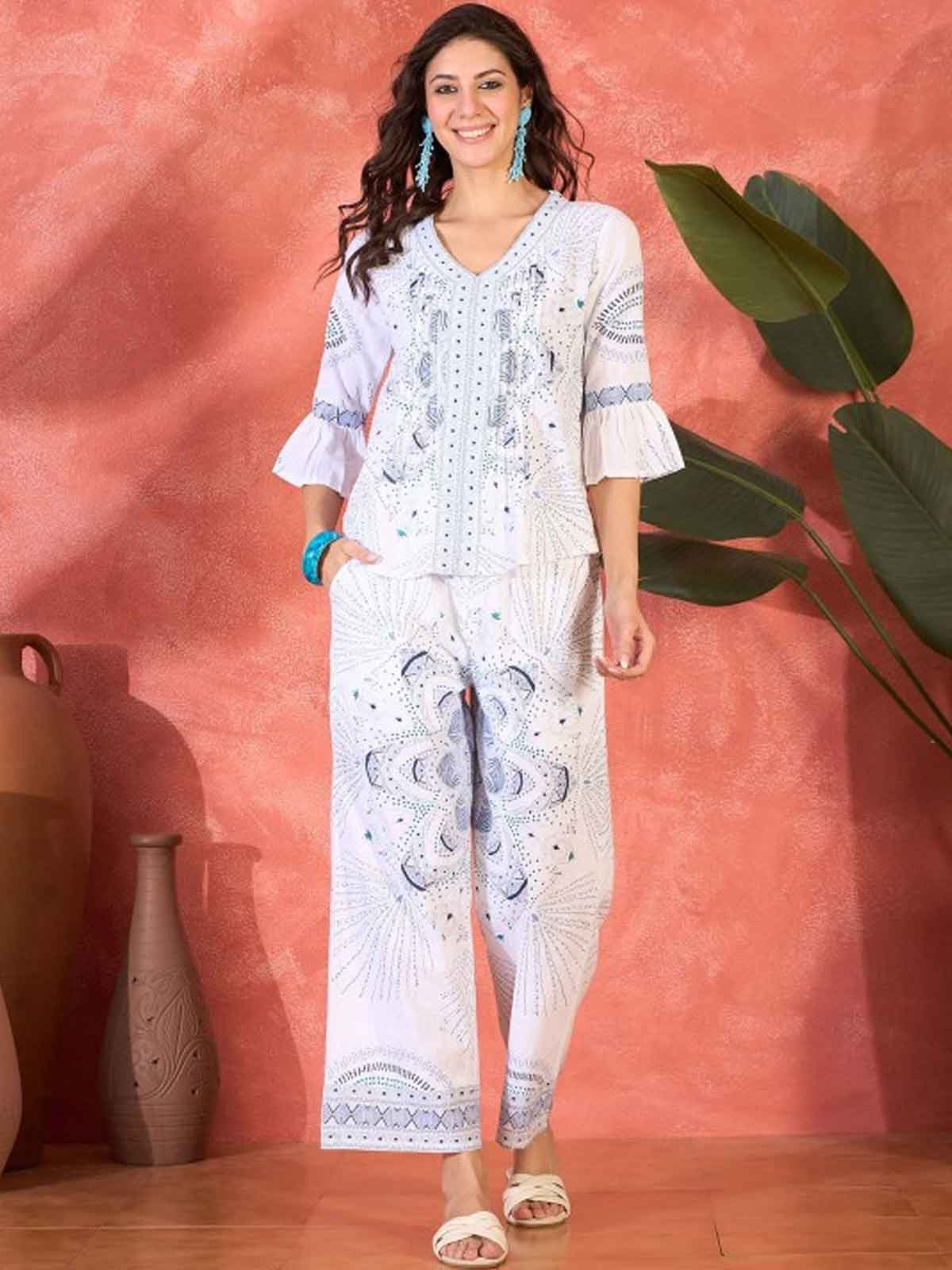 Printed V-Neck Pure Cotton Tunic & Trouser